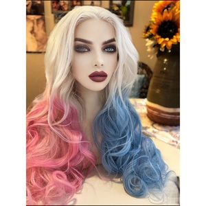 Harley Quinn Curly White Blue and Lace Frontal Wig